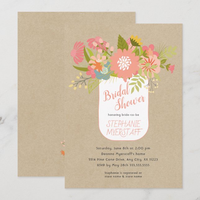 Floral Bouquet Mason jar kraft bridal shower Einladung (Vorne/Hinten)