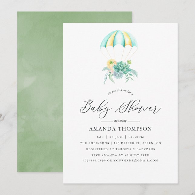 Floral Bouquet Parachute Babydusche Einladung (Vorne/Hinten)