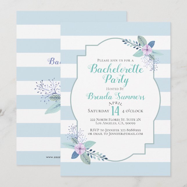 Floral Bouquet Pastel Stripes Bachelorette Einladu Einladung (Vorne/Hinten)