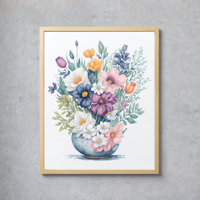 Floral Bouquet Vase Pastel Wildblumen Poster (Floral Bouquet Vase Pastel Watercolor Wildflowers Poster
)