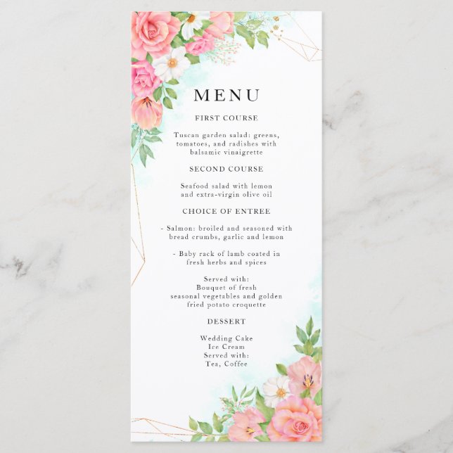 Floral Bouquet Wasserfarbe Rosa Hochzeit Menükarte (Vorderseite)