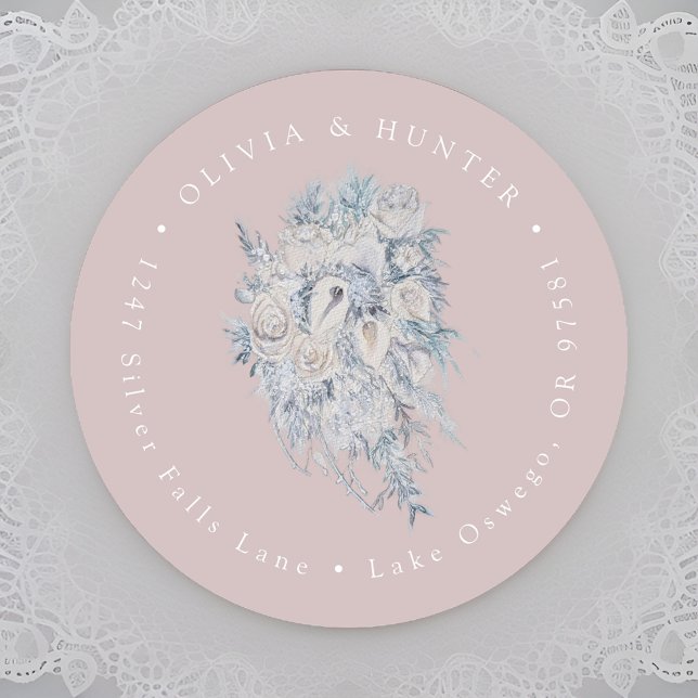 Floral Bouquet Wedding Couple Names Rücksendeadres Runder Aufkleber (Von Creator hochgeladen)