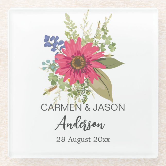  Floral Bouquet Wedding Custom Name Glasuntersetzer (Vorderseite)