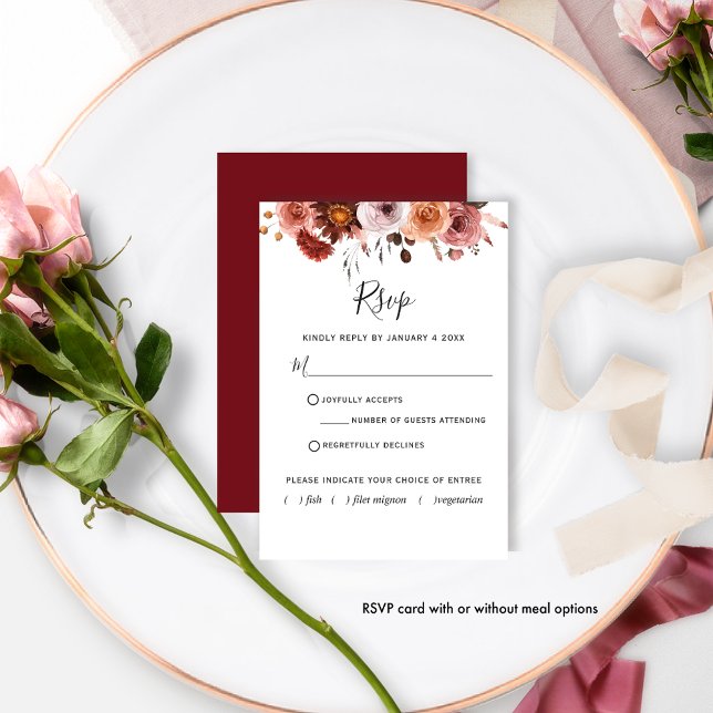Floral Bourgogne avec/sans repas Carte RSVP (Créateur téléchargé)