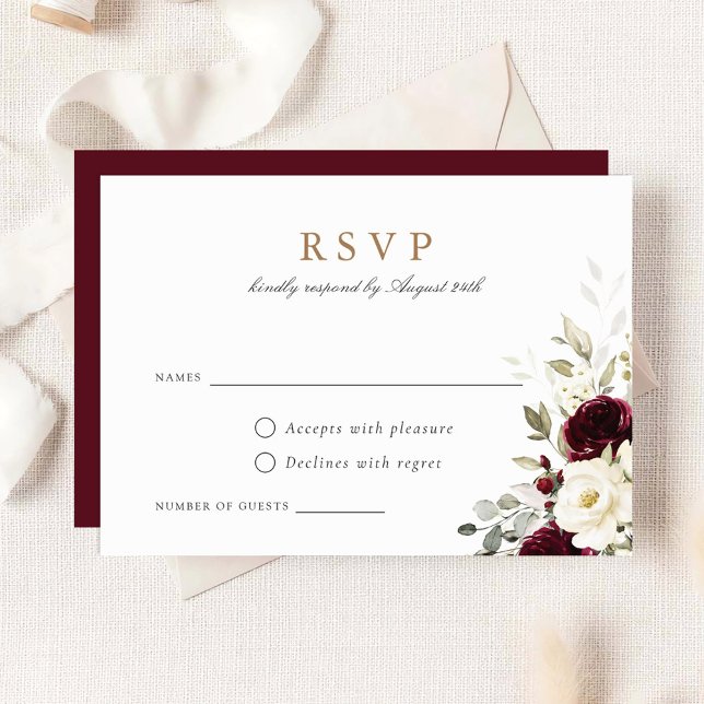 Floral Bourgogne Blanc Vert Mariage Carte RSVP (Créateur téléchargé)
