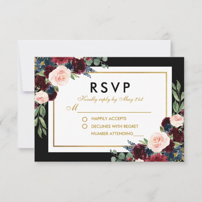 Floral Bourgogne Bleu Noir Noir Mariage RSVP (Devant)