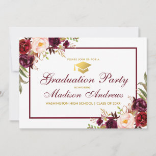 Floral Bourgogne Gold Graduation Party Invitation