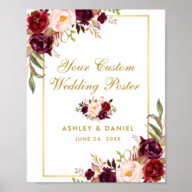 Floral Bourgogne Gold Mariage Poster personnalisé (Devant)