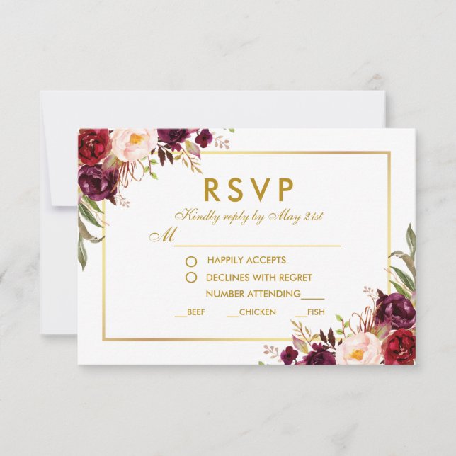 Floral Bourgogne Gold Mariage Repas RSVP G (Devant)
