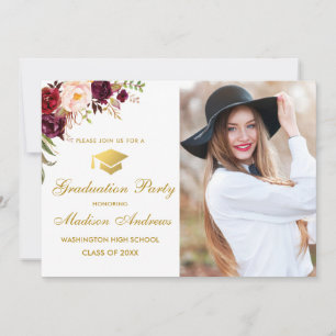 Floral Bourgogne Gold Photo Invitation de la fête