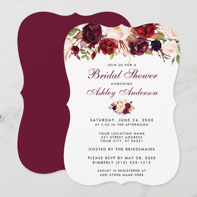 Floral Bourgogne Invitation à la douche nuptiale B (Devant / Derrière)