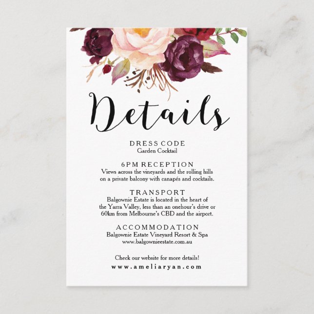 Floral Bourgogne Marsala Mariage Détails Carte (Devant)
