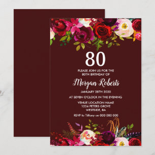 Floral Bourgogne moderne Invitation de fête du 80e