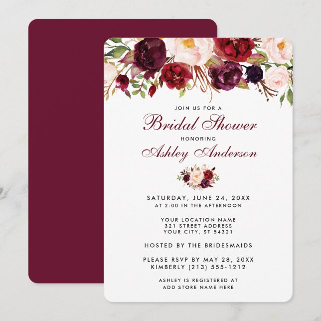 Floral Bourgogne nuptiale Invitation de douche R (Devant / Derrière)