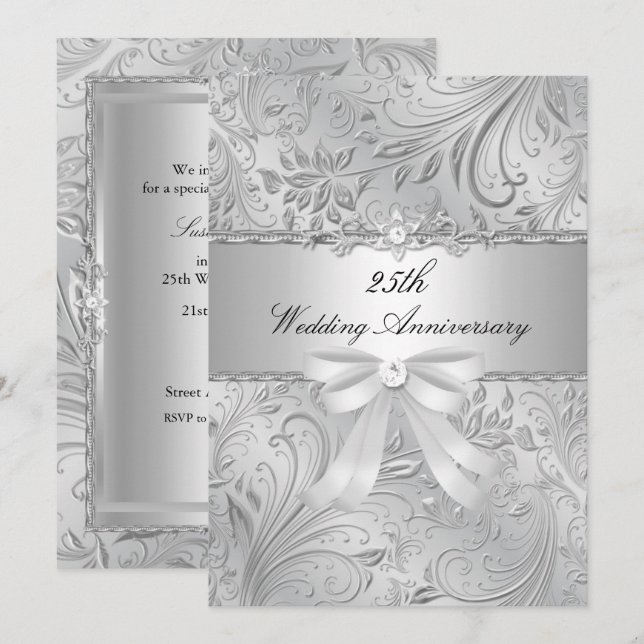 Floral & Bow 25. Hochzeitstag Einladung (Vorne/Hinten)