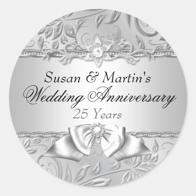 Floral & Bow 25. Hochzeitsticker Runder Aufkleber (Vorderseite)