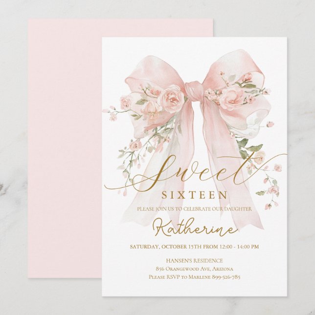 Floral Bow Coquette Sweet sixteen Invitation (Devant / Derrière)