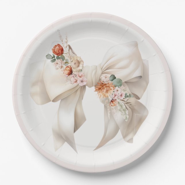 Floral Bow Elegant Neutral Baby Shower Pappteller (Vorderseite)
