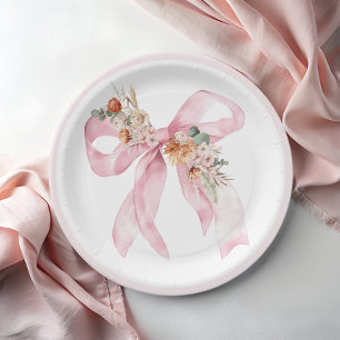Floral Bow Elegant Pink Baby Dusche Pappteller
