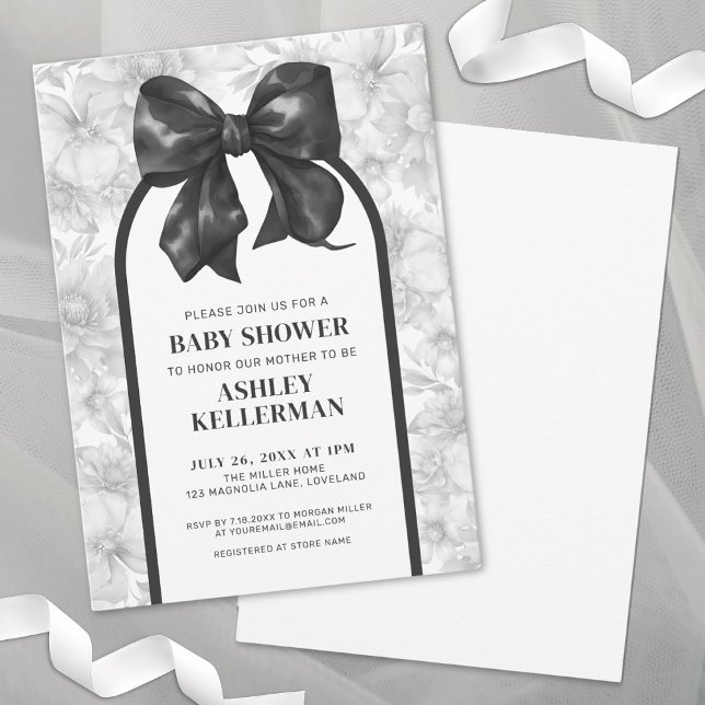 Floral Bow Elegante Schwarz-weiße Babydusche Einladung (Floral Bow Elegant Black White Baby Shower Invitation)