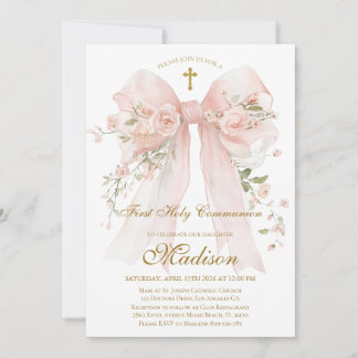 Floral Bow First Holy Communion Invitation Einladung