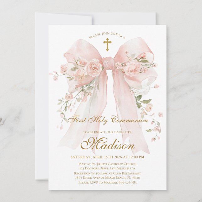 Floral Bow First Holy Communion Invitation Einladung (Vorderseite)