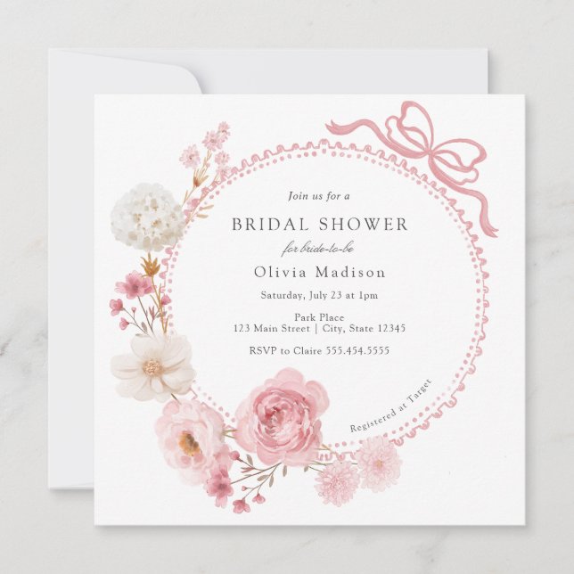 Floral Bow Pink Brautparty Einladung (Vorderseite)