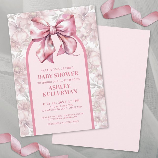 Floral Bow Pink Girl Babydusche Einladung (Floral Bow Pink Girl Baby Shower Invitation)