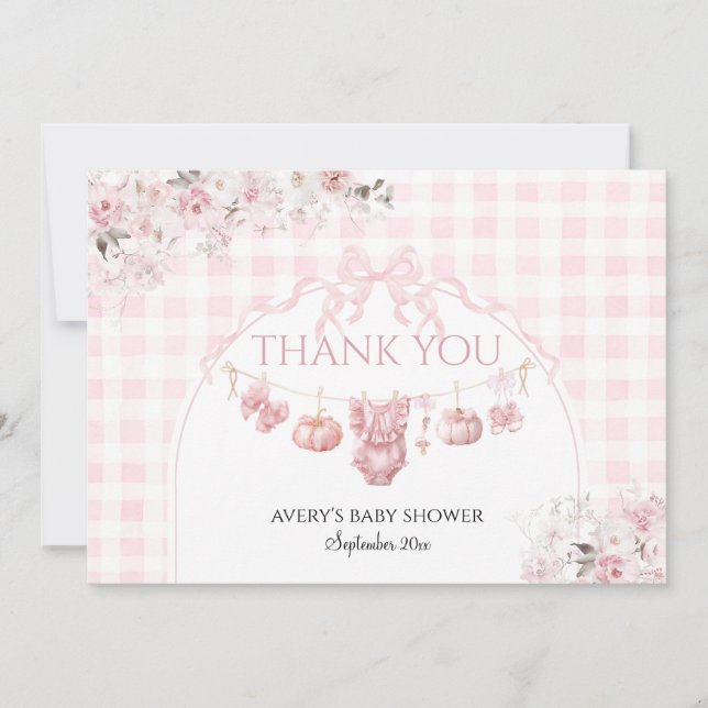 Floral Bow Pink Pumpkin Girl Babydusche Dankeskarte (Vorderseite)