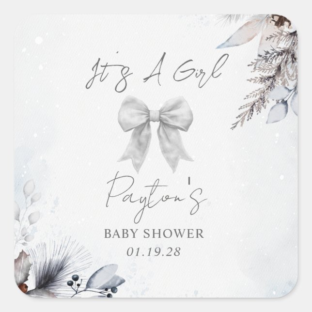 Floral Bow Winter Girl Babydusche Quadratischer Aufkleber (Vorderseite)