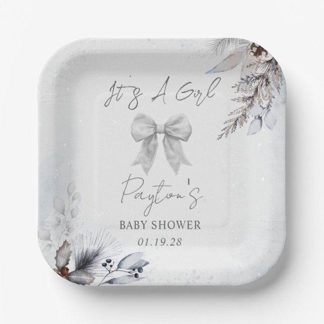 Floral Bow Winter Girl Babydusche Willkommen Pappteller (Vorderseite)