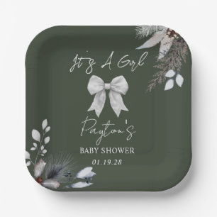 Floral Bow Winter Girl Green Baby Dusche Willkomme Pappteller