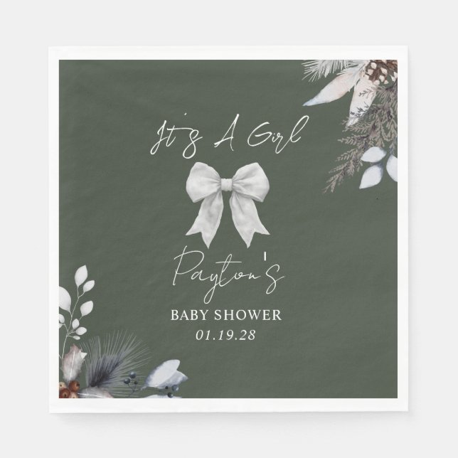 Floral Bow Winter Girl Green Baby Dusche Willkomme Serviette (Vorderseite)