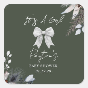 Floral Bow Winter Green Girl Babydusche Quadratischer Aufkleber