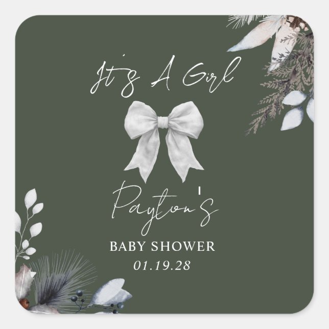 Floral Bow Winter Green Girl Babydusche Quadratischer Aufkleber (Vorderseite)