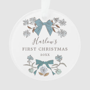 Floral Bows Blue Baby's First Christmas Ornament