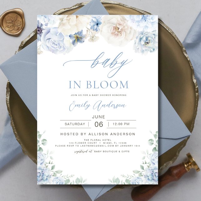 Floral Boy Blue Baby in Bloom Baby Dusche Einladung (Von Creator hochgeladen)