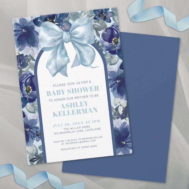 Floral Boy Blue Bow Baby Dusche Einladung (Floral Boy Blue Bow Baby Shower Invitation)