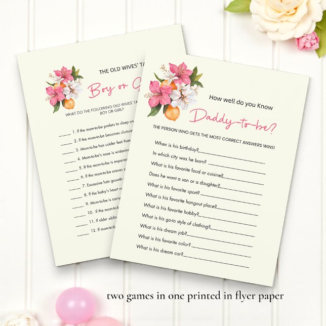 Floral Boy Girl Old Wives Tales Baby Shower Games Flyer (Von Creator hochgeladen)
