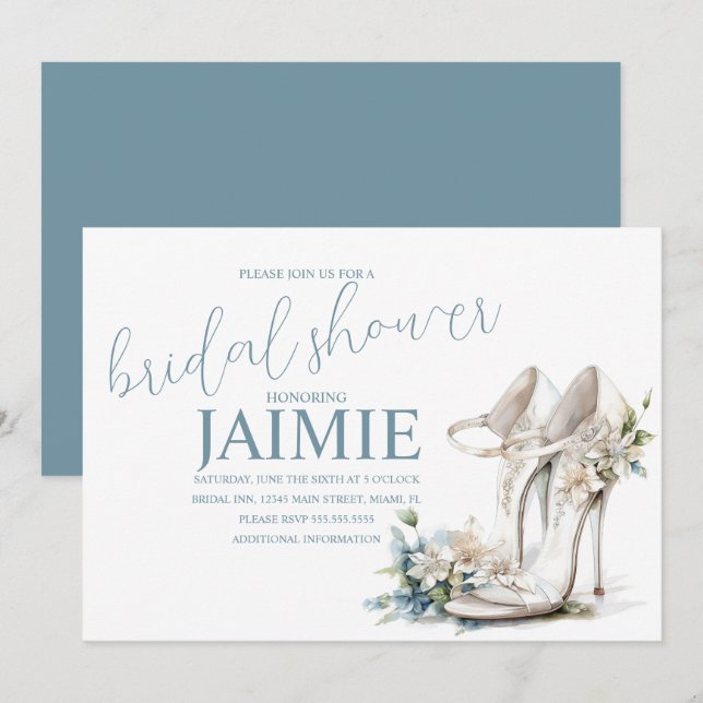 Floral Brautparty Dusty Blue Heel Einladung (Vorne/Hinten)