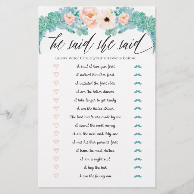 Floral Brautparty Game, sagte er (Vorderseite)