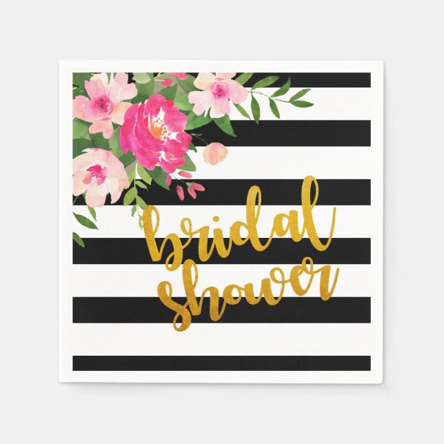Floral Brautparty Napkin - Schwarz/Weiß Streifen Serviette (Vorderseite)
