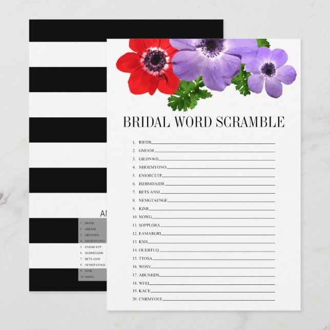 Floral Brautparty Word Scramble Game Card Einladung (Vorne/Hinten)
