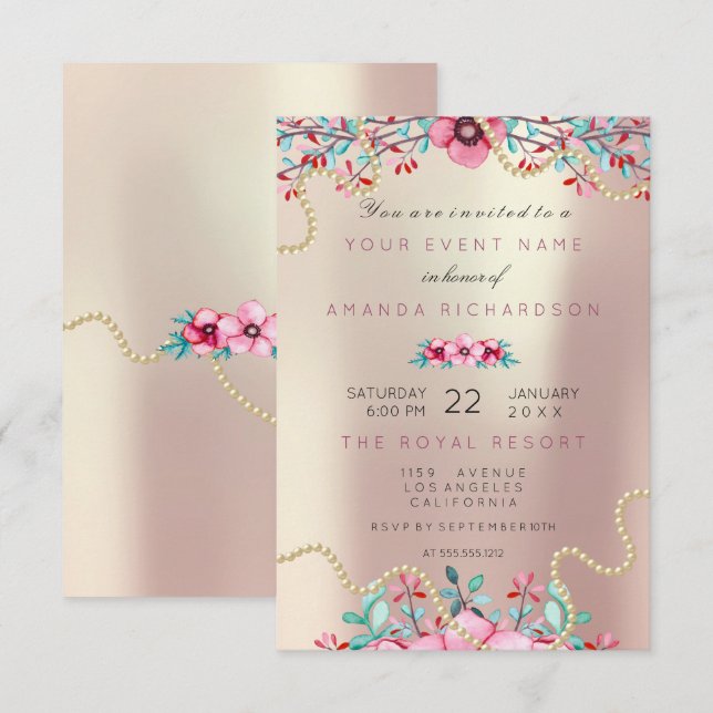 Floral Bridal Birthday Gold Pink Pearl Sweet Glam Einladung (Vorne/Hinten)