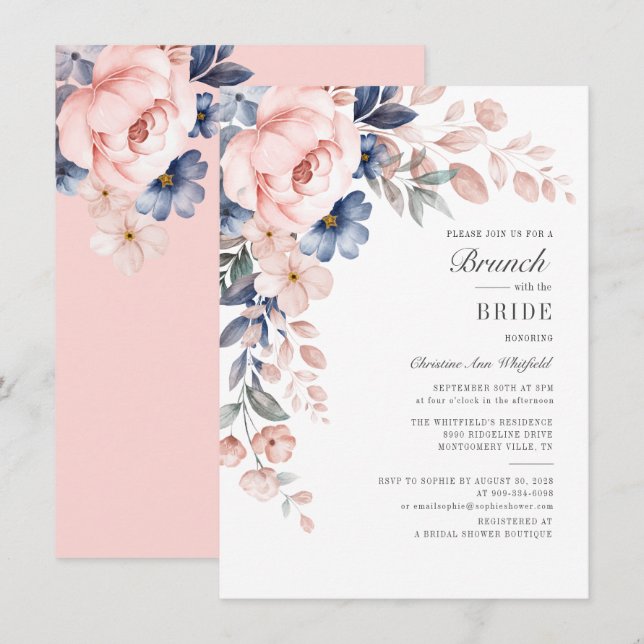 Floral Bridal Brunch Wasserfarbe Pink Blauer Blaue Einladung (Vorne/Hinten)