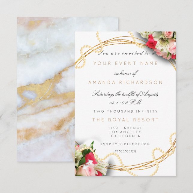 Floral Bridal Marble Birthday Gold Pink Pearls Einladung (Vorne/Hinten)