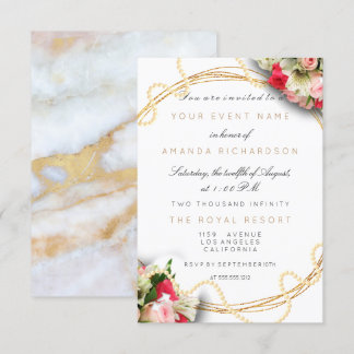 Floral Bridal Marble Birthday Gold Pink Pearls Einladung
