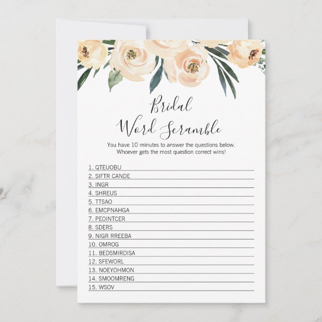 Floral Bridal Word Scramble Bride Showspiel Einladung (Vorderseite)
