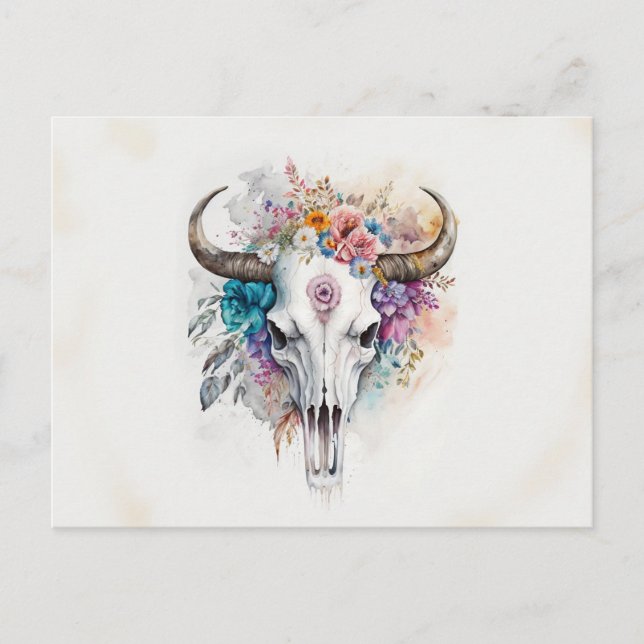 Floral Bull Skull Wasserfarben Kunst Postkarte (Vorderseite)