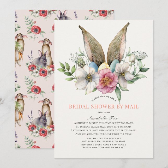 Floral Bunny Ear Brautparty per Mail Einladung (Vorne/Hinten)